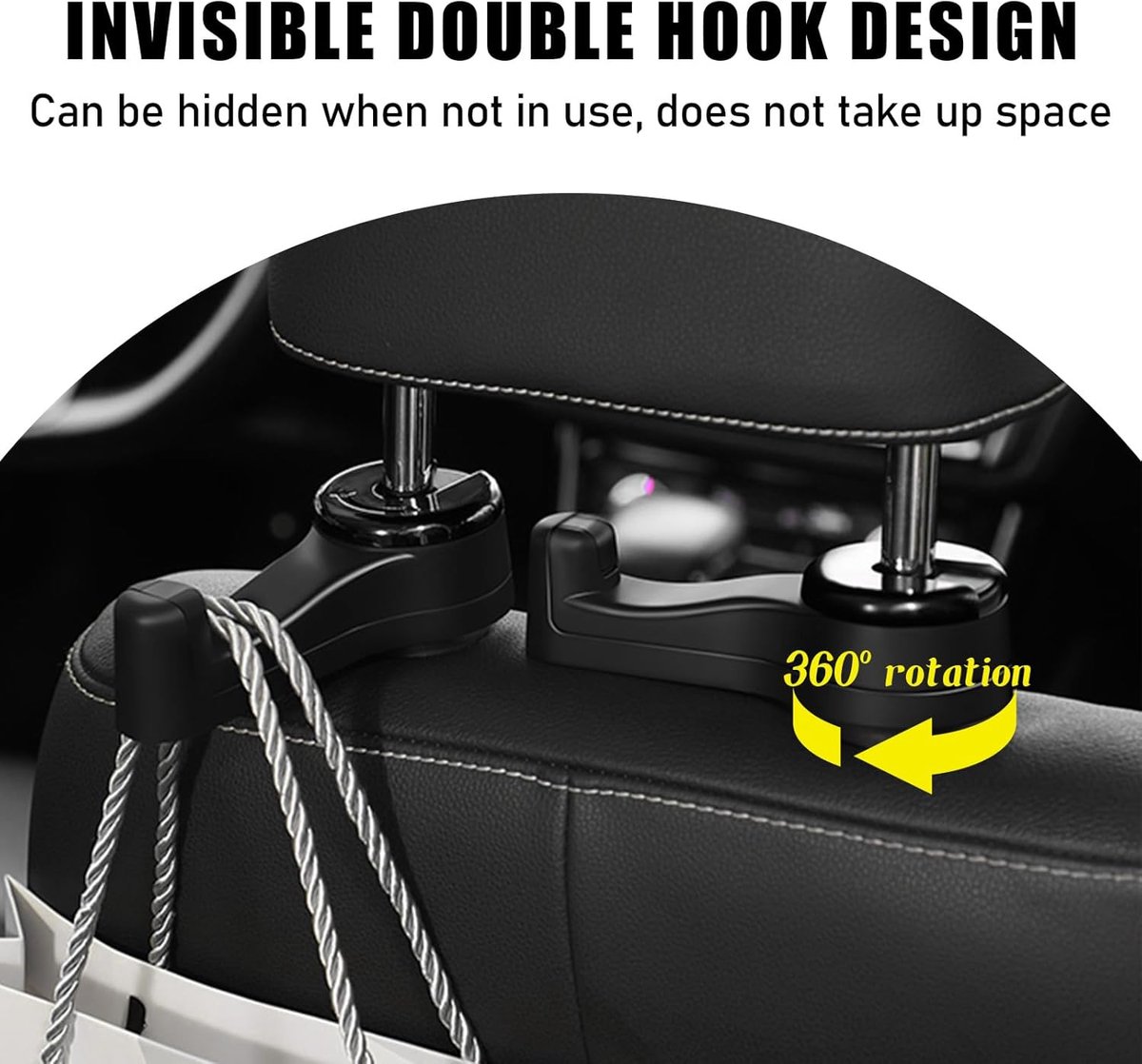 Car Seat Hooks - 2 Pieces - 2 In 1 Car Headrest Hooks - Multifunctional Car Seat Hook - 360° Rotation Front and Rear Seat Headrest Hook - Concealed Hook — image 5
