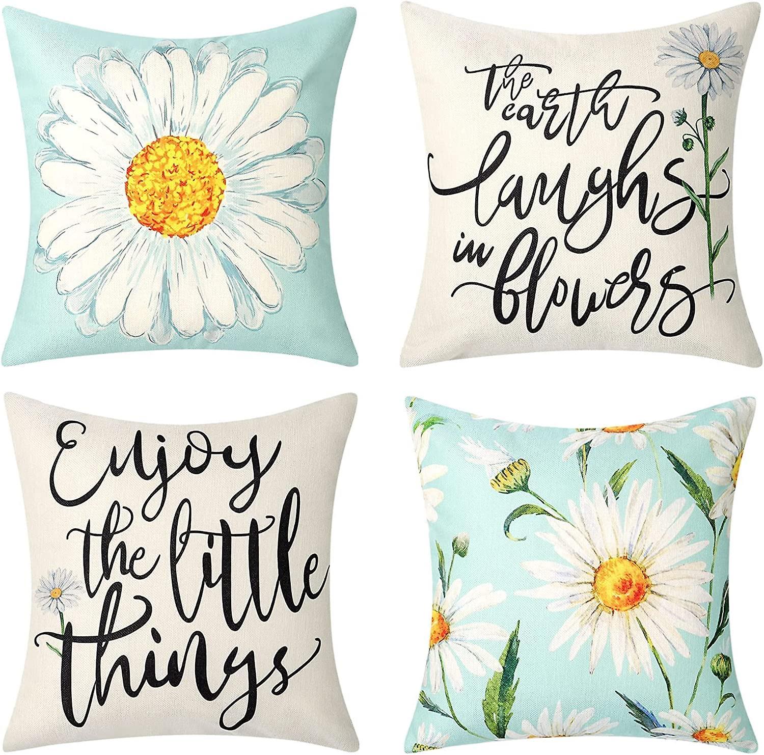 Cushion Cover Set of 4 45 × 45 cm Daisy Cotton Decorative Cushions Compatible with Modern Garden Living Room Bedroom Decor