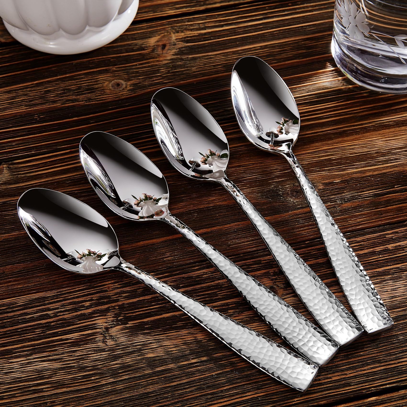 4pc Premium Hammered Spoons Set, Stainless Steel, Set of, Fine Spoon Set with Squared Edge, Dishwasher Safe — image 5
