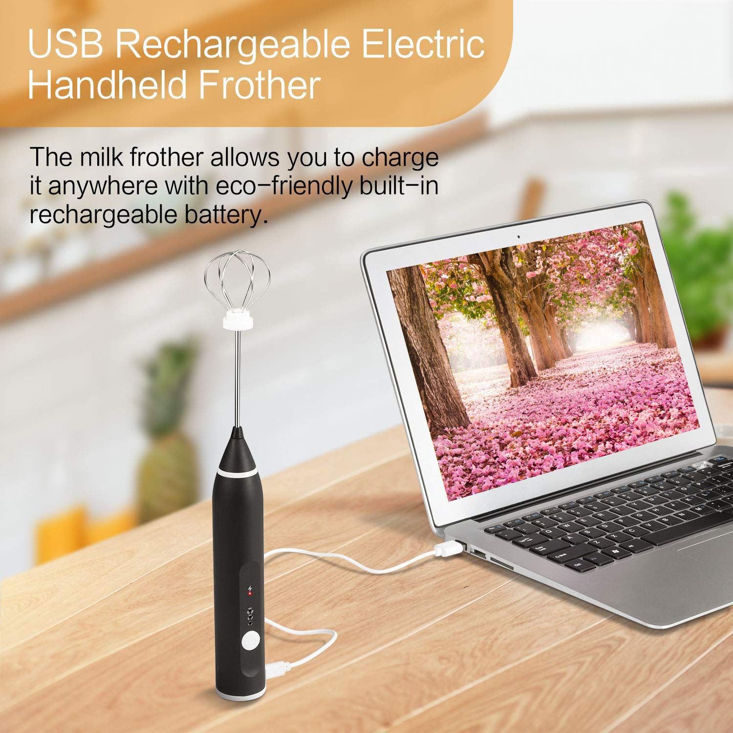 USB Rechargeable Milk Frother Handheld Multi-functional Electric Foam Maker with 2 Stainless Whisks,3-Speed Adjustable Mini — image 4