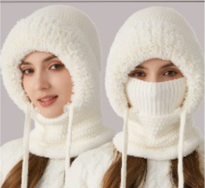 Winter Corn Velvet Hooded Scarf Mask Set - 3-in-1 Thermal Fleece Lined Balaclava for Extreme Cold - Windproof Face Cover for Skiing Cycling - Off White (2-Pack