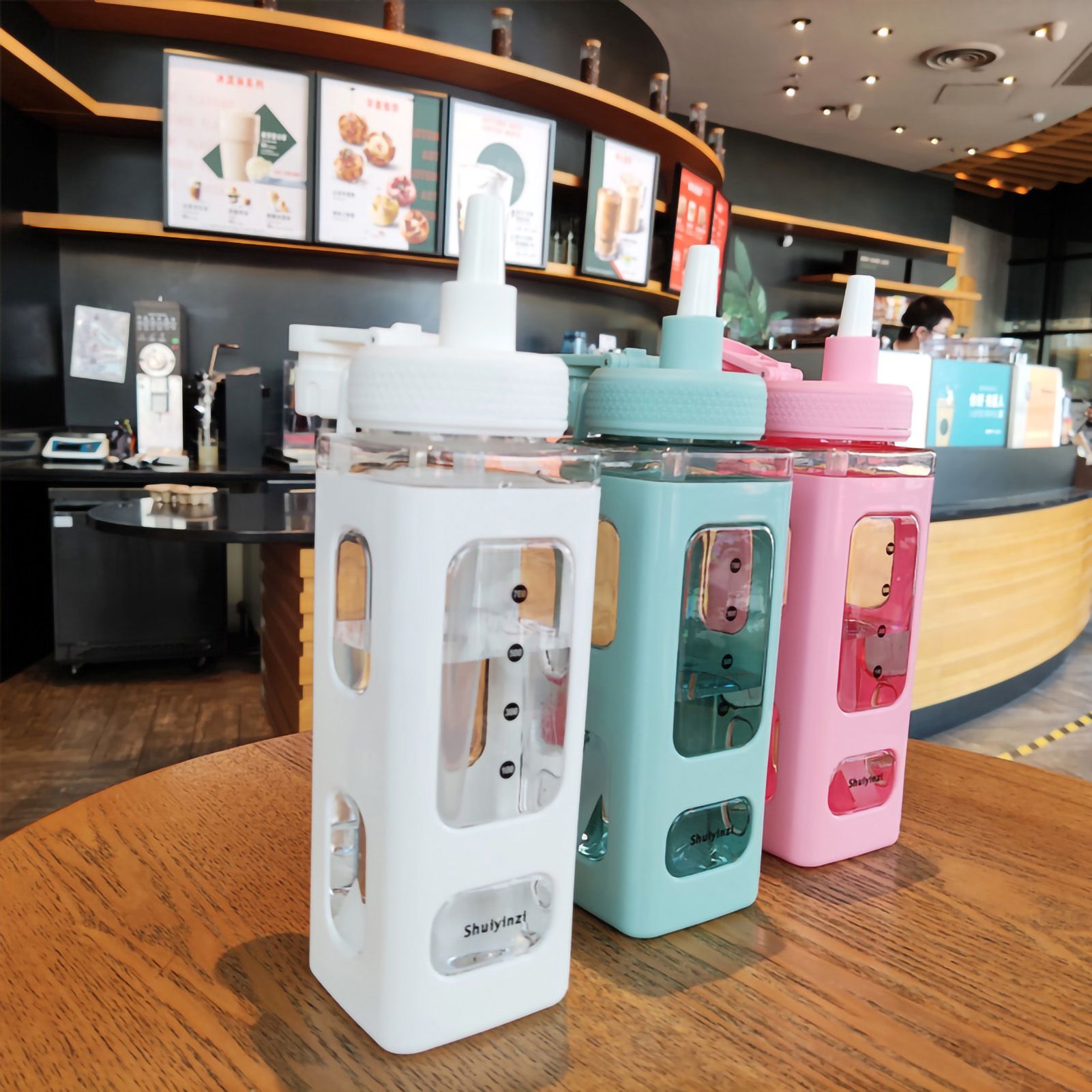 Straw Water Bottle with Marker 700ml Large Capacity Double Layer Water Jug for Home Gym School Pink — image 3
