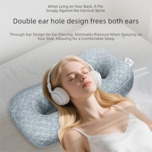 Gray Ear Piercing Pillow for Side Sleepers - 55 x 33 x 9 cm Figure 8 Hollow Ear Design, PP Cotton Fill, Machine Washable Ear Clearance and Neck โ image 2