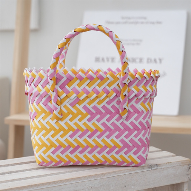 Handwoven Fresh PP Tote Bag with Upright Square Structure & Flower Deco, Durable Mini Spring Picnic Basket and Favour Handbag 16x16x9cm, Pink Yellow