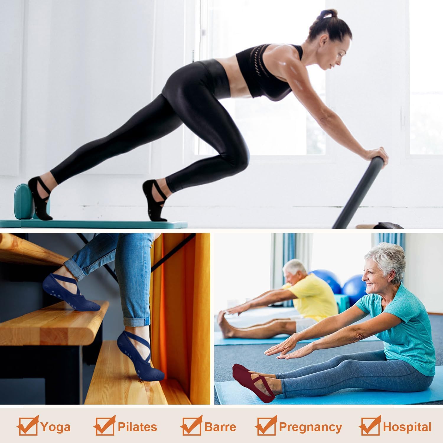 Non Slip Pilates Socks with Grips for Women, Grip Socks for Yoga Ballet Dance Barefoot Workout Anti Skid Crew Socks — image 5