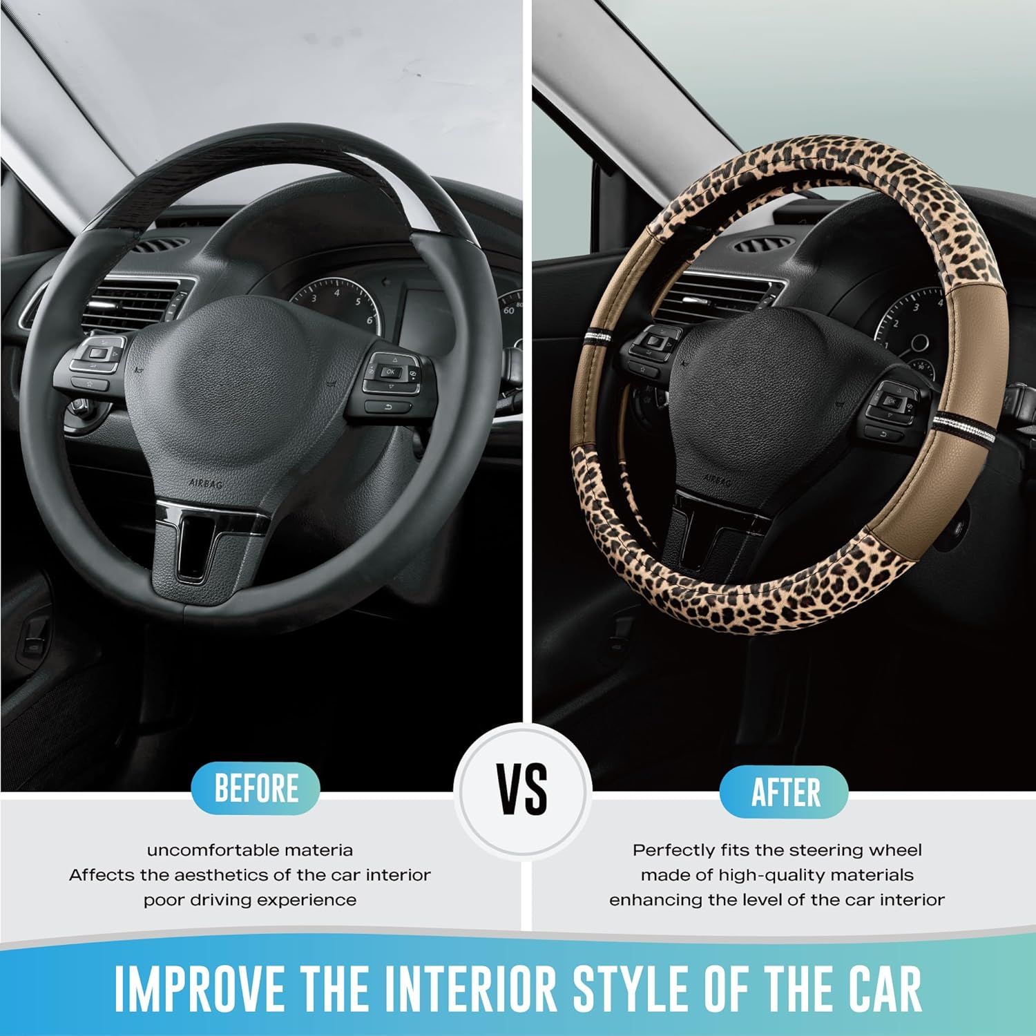 Leopard Steering Wheel Cover for Women, Cute Anti-Slip Microfiber Leather, Universal Fit 14.5-15 Inch Round Steering Wheel - Beige โ image 3