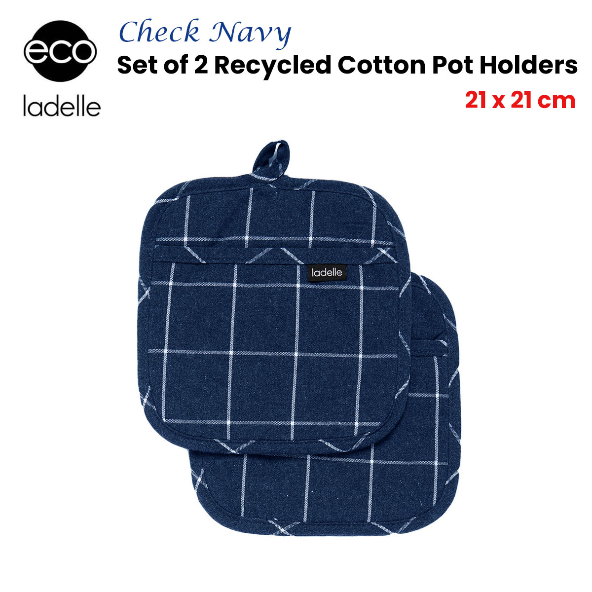 Ladelle Eco Check Navy Set of 2 Pot Holders 21 x 21 cm โ image 2