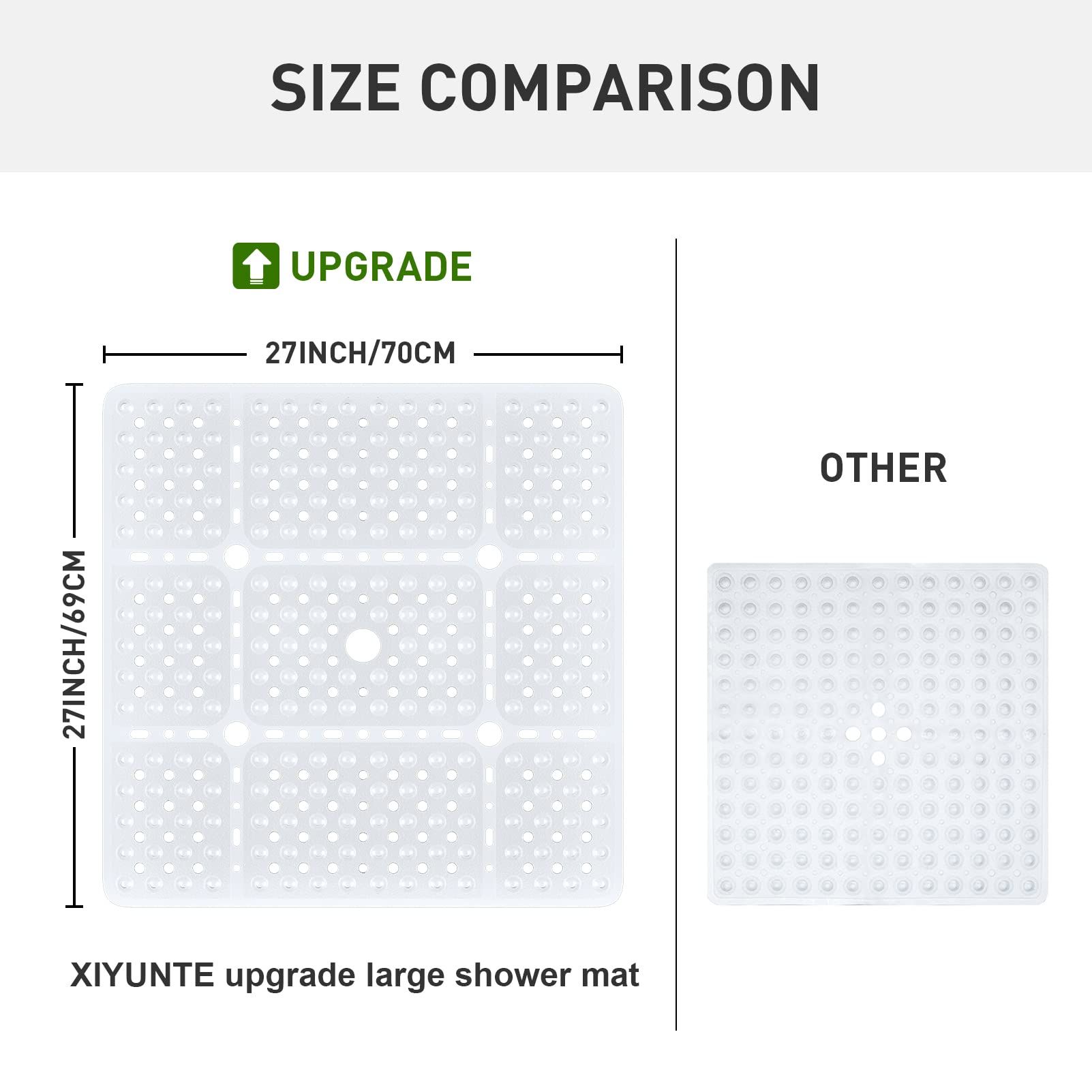 Large Square Shower Mat Non Slip - 27x27inch Shower Mats -Secure Suction Cups and Drain Holes - Machine Washable - Clear — image 3