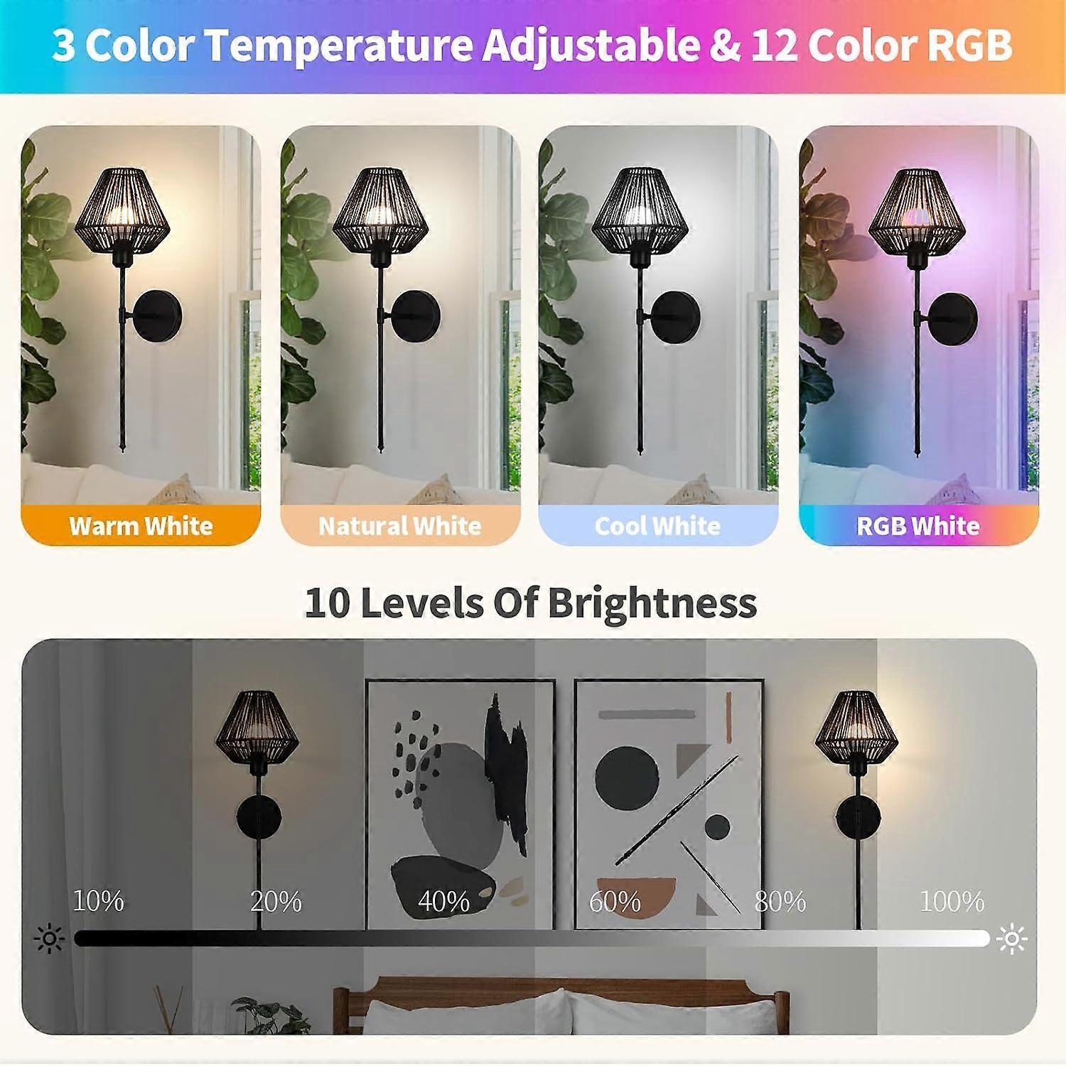 Battery Operated Wall Sconces Set of 2, Boho Rattan LED, Rechargeable, Remote, RGB Dimmable โ image 2