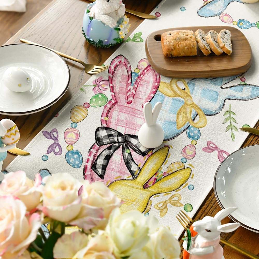 Floral Bow Bunny Rabbits Eggs Easter Table Runner, Seasonal Spring Kitchen Dining Table Decoration for Home Party Decor 13x72 Inch โ image 5