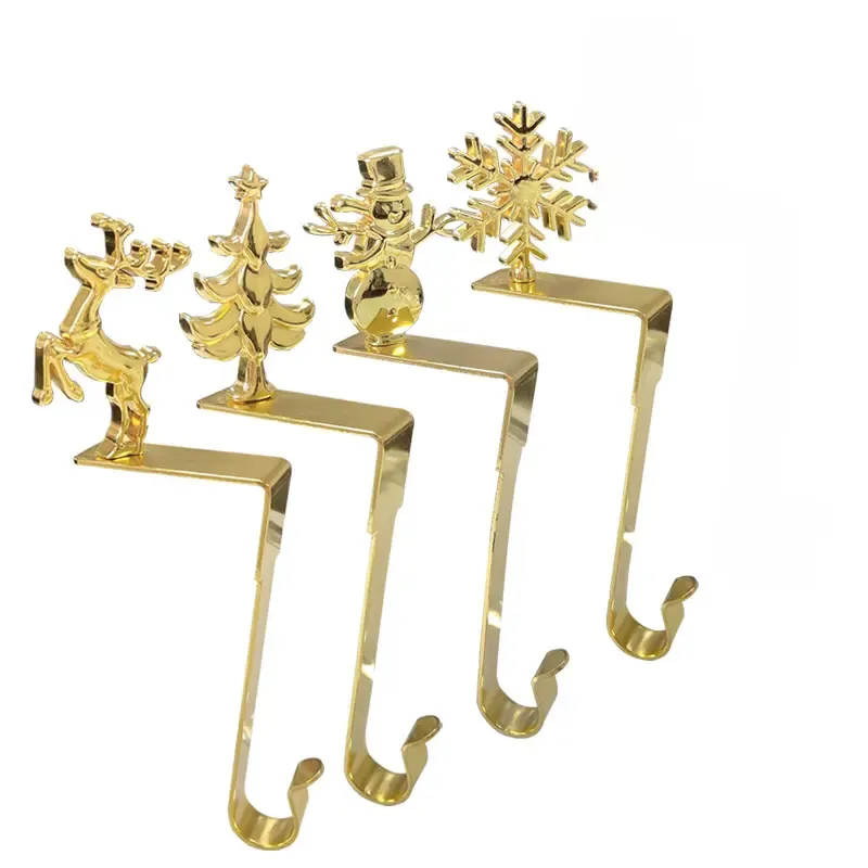 4-Pack No-Drill Metal Christmas Hooks​ – Gold tree and snowflake design, universal hanging bracket for fireplace mantels and door frames. (golden)