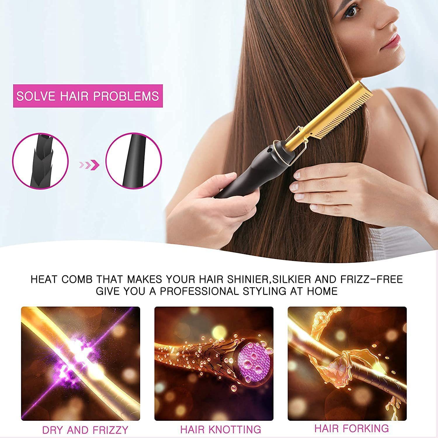 Electric Hot Comb Hair Straightener & Curler Titanium Alloy Fast Heat Wet Dry Styling Tool White Gold AU Plug — image 3