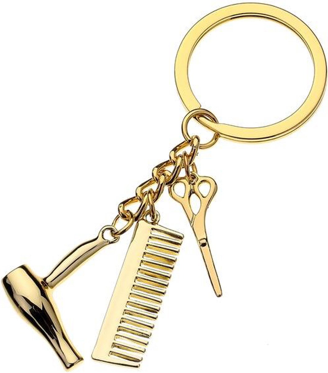 Hairdresser Keychain | Key Holder | Cutting Set Keychain | Scissors, Comb & Hairdryer Keychain | Gold