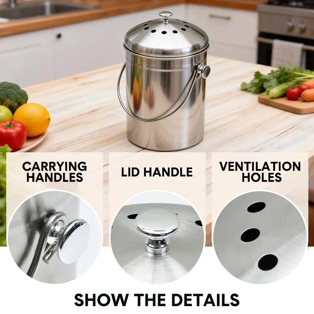5L Compost Bin Kitchen Countertop Stainless Steel Composter Bucket with Lid and Charcoal Caddy Kitchen Waste Pail Odour Free and Easy Cleaning Silver โ image 5
