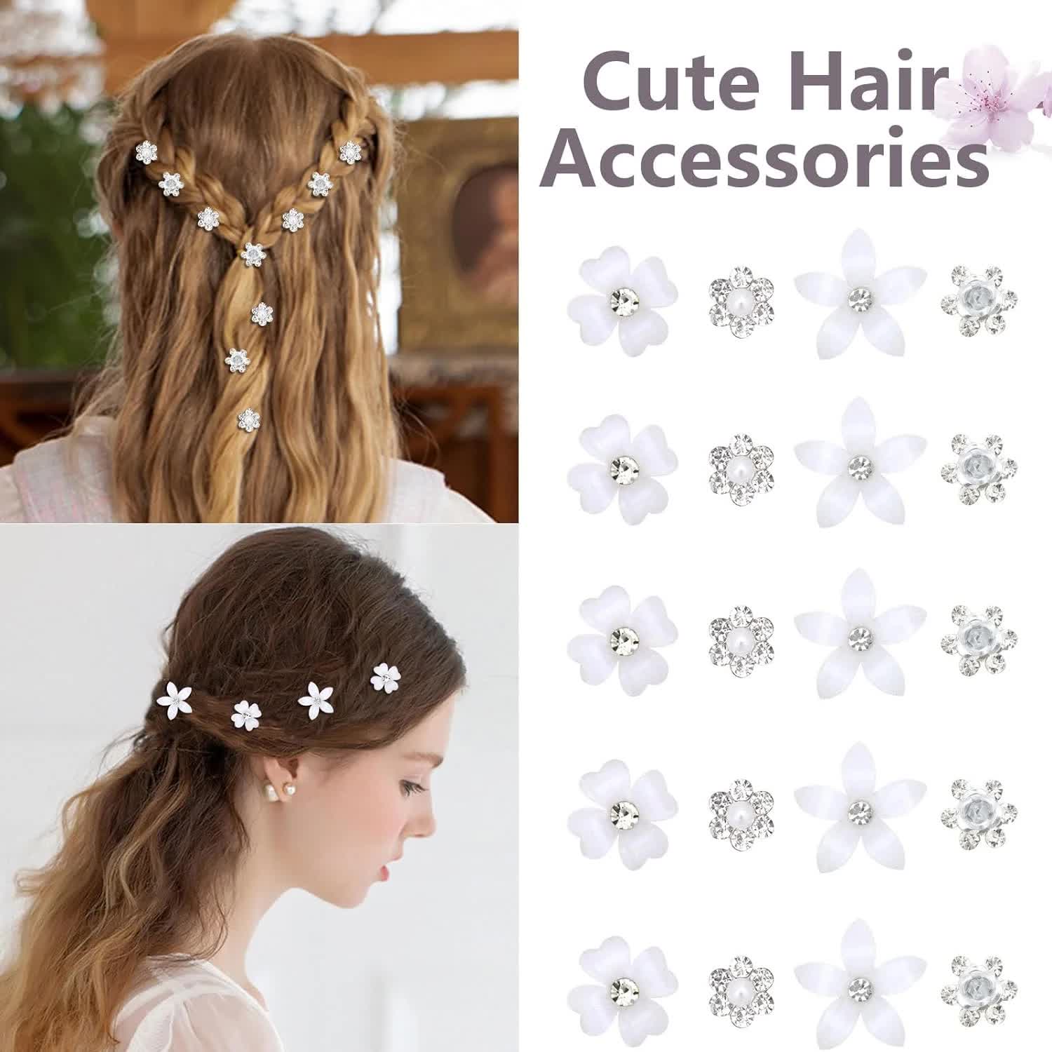 Mini Rhinestone Hair Pins - 20Pcs Cute Small Decorative Wedding & Bridal Barrettes With Flowers for Girls & Women (4 Flower Patterns) — image 3