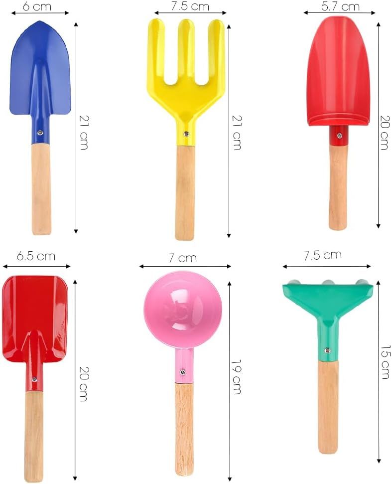 6 Pack Metal Beach Sand Toys for Kids, Wooden-Handled Shovel, Rake, Trowel and Scoop Set for Beach, Garden and Snow Play, Multicolour, 20 cm โ image 3