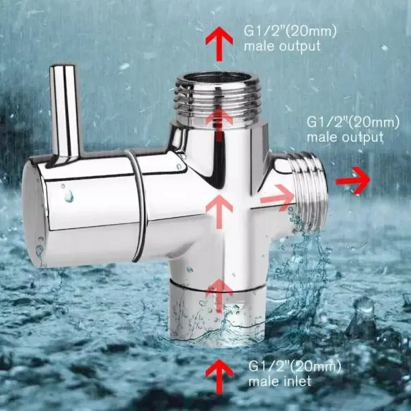 Diverter Valve Bathtub Shower Three-Way Valve, brass material, 1/2" Thread, G1/2 Thread, 3-Way Diverter, Chrome Finish — image 3