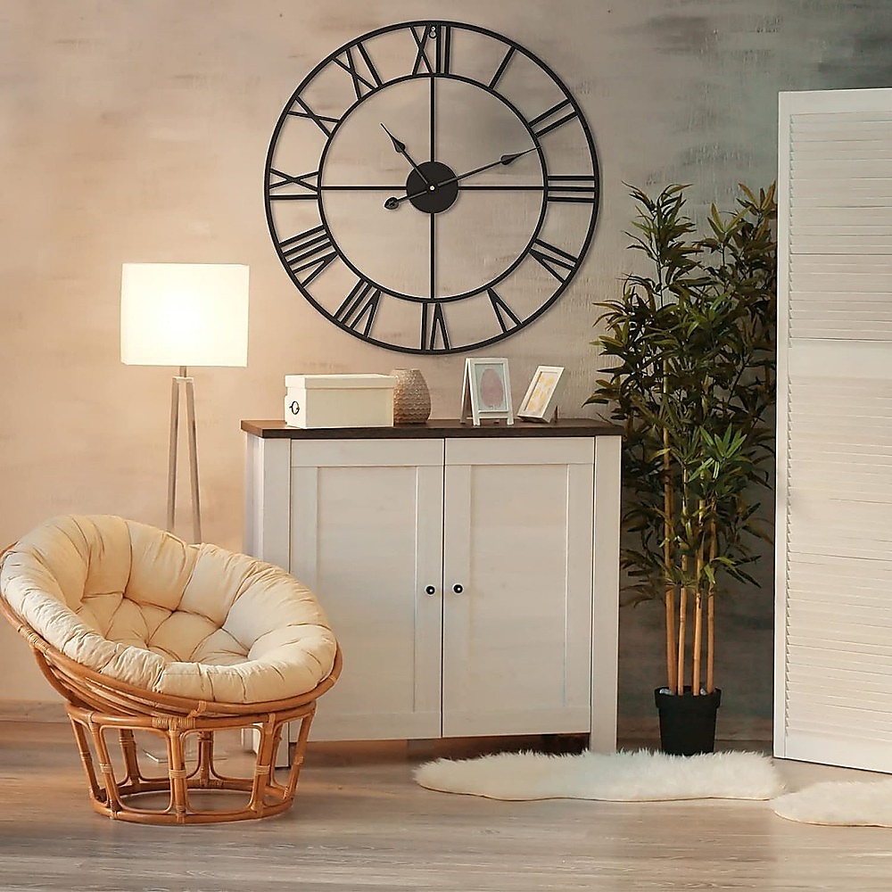 60cm Industrial Large Wall Clock, Round Metal Wall Clocks Roman Numerals Style — image 2