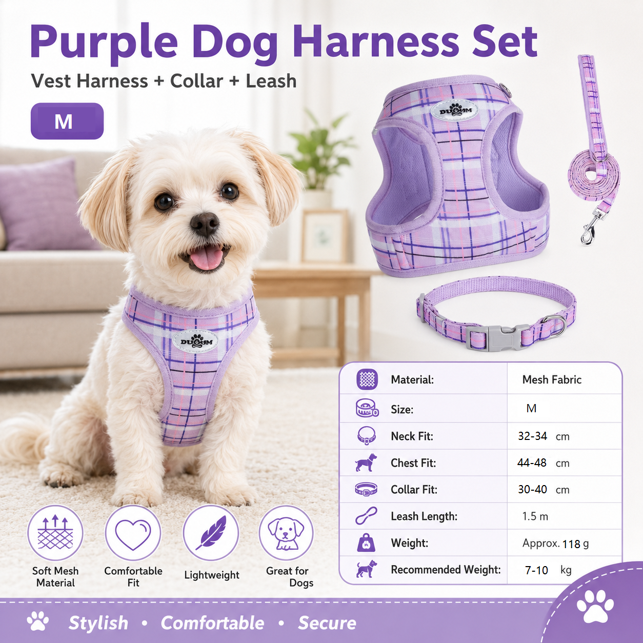 M Size Purple Classic Plaid Dog Harness Set- Breathable Mesh Vest and Adjustable Collar,WIith 1.5m Lead for pet, Anti-Pull Design