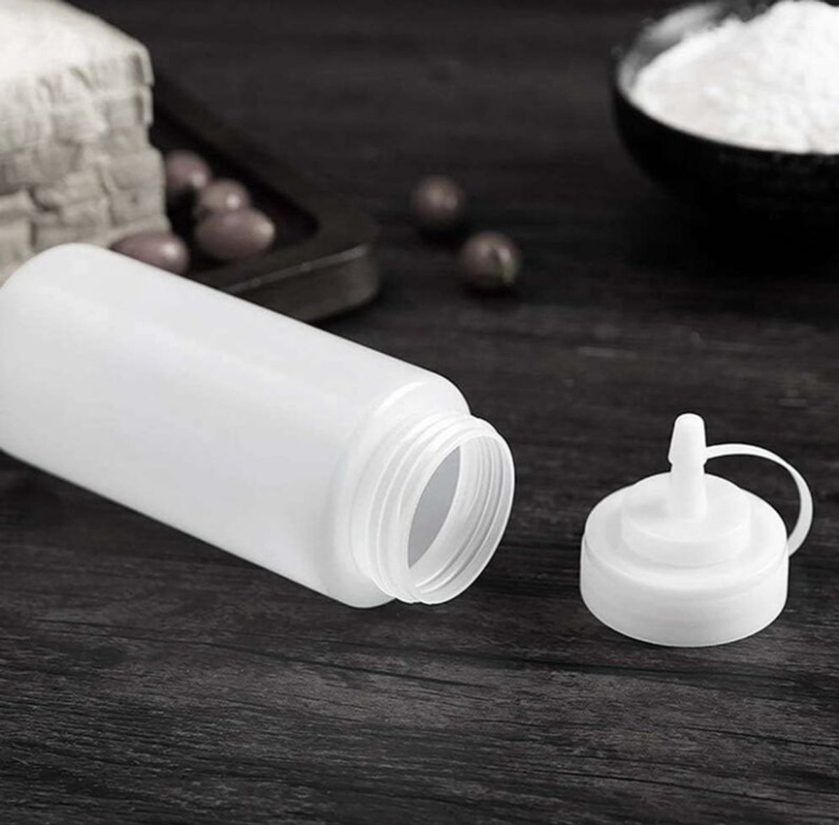 4 pieces - 200 ml - Dosing bottle - Squeeze bottle - Sauce bottle - Garnish bottle - Plastic - White - with spout cap - Leak-proof lids - With check marks โ image 4