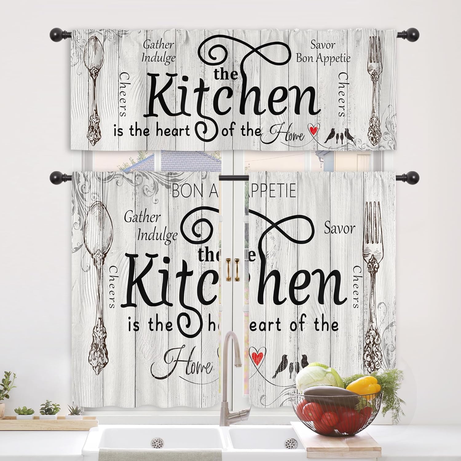 Kitchen Curtain 3-Piece Set - Gather & Savor Themed Window Drapes — image 4