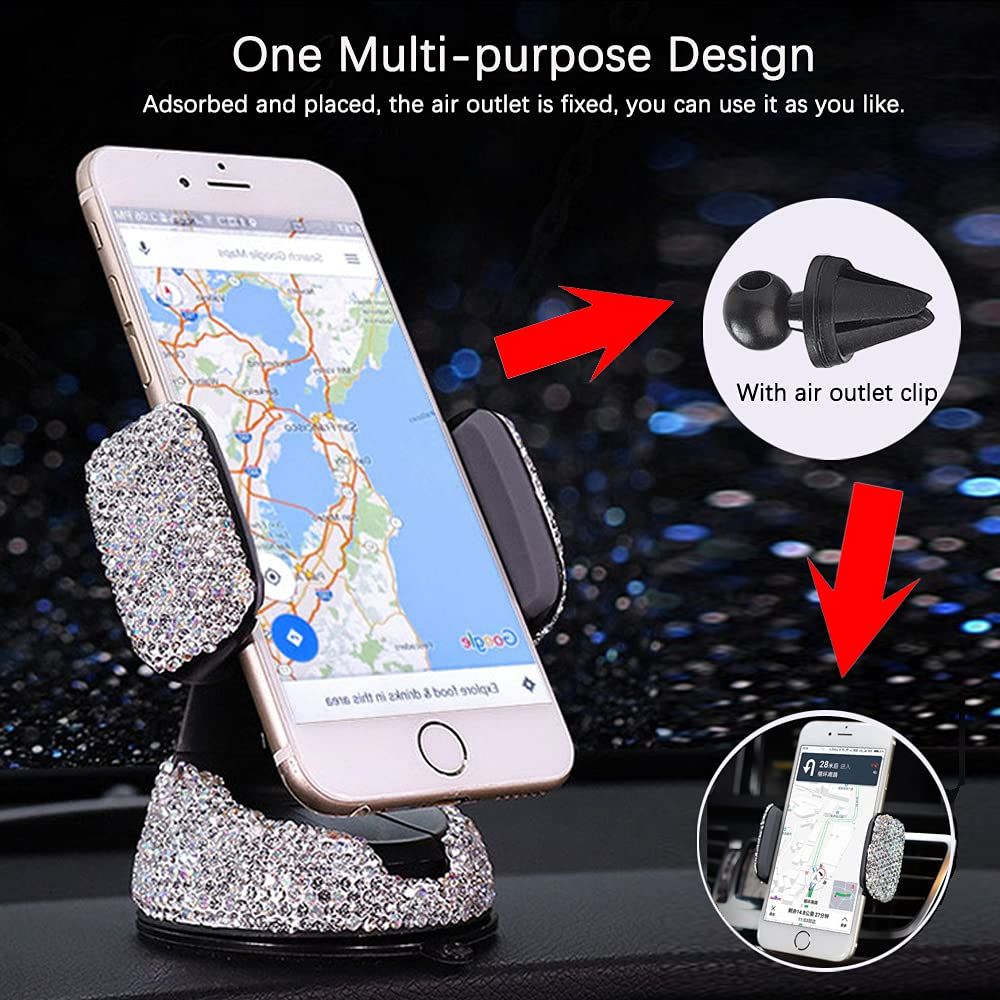 Cell Phone Holder, 360°Adjustable Phone Mount with One More Air Vent Base, Crystal Car Interior Decoration — image 2