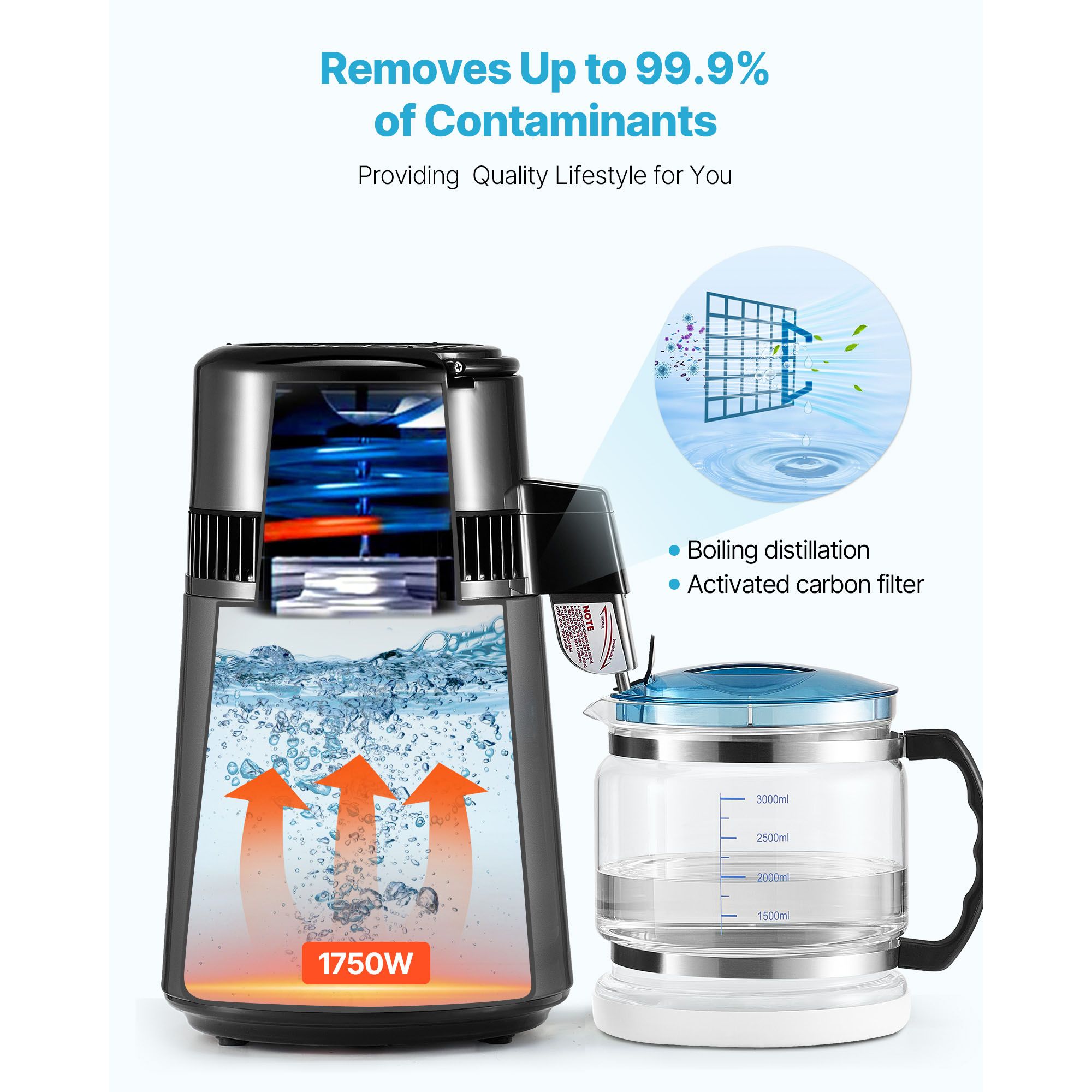 Water Distiller, 4L 1.1 Gallon Pure Water Purifier Filter For Home Table Countertop, 1750W Distilled Maker with Glass Pot, Stainless Steel Interior Drinking โ image 5