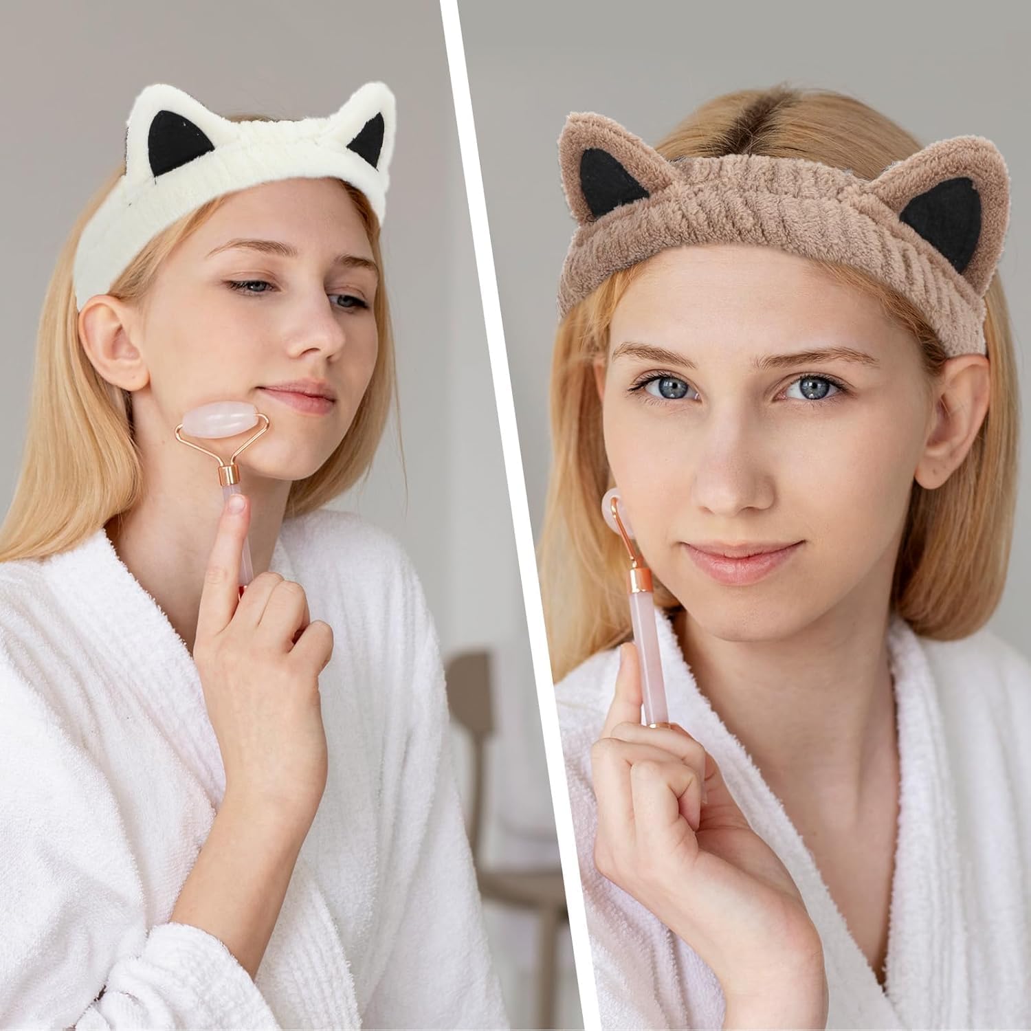 2Pcs Cat Ears Spa Headbands for Washing Face Makeup Skincare, Soft Coral Fleece Facial Wash Hair Accessories, Cute Animal Elastic Headband, Fuzzy Cartoon Hair โ image 5