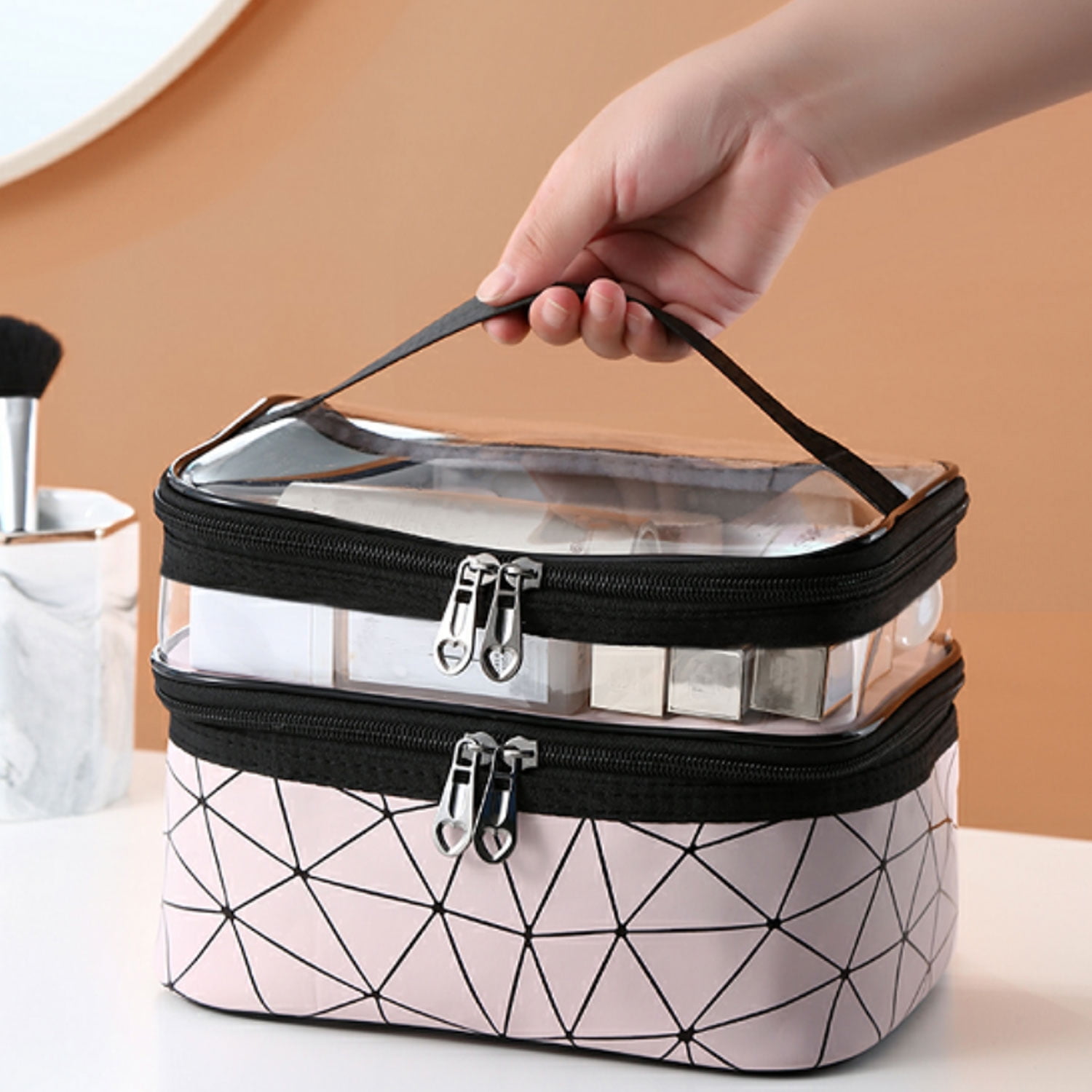 Meiyuuo Makeup Bag Cosmetic Bag Travelling Double Layer Make Up Bag Organizer Medium Case for Women Girls Reusable Toiletry Bags(Blue) Dark Black โ image 6
