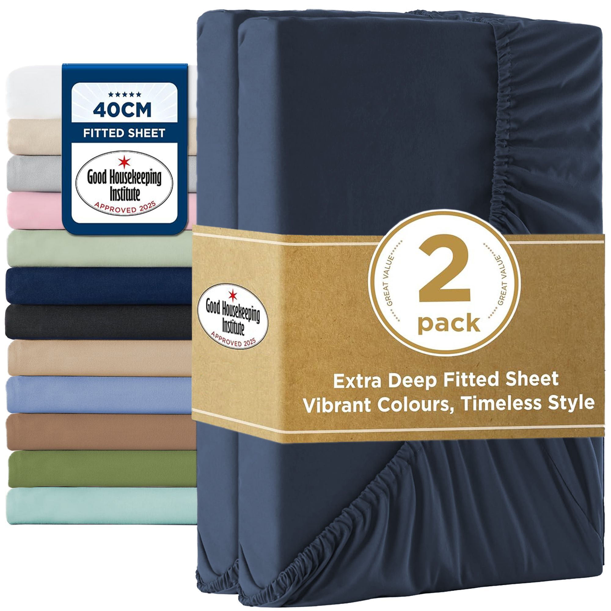 2000TC Hotel Quality Fitted Sheets - 2 Piece Fitted Sheets -Breathable Bedding - Wrinkle, Fade, Stain Resistant- 16inch/40cm Deep Pocket Fitted Bed