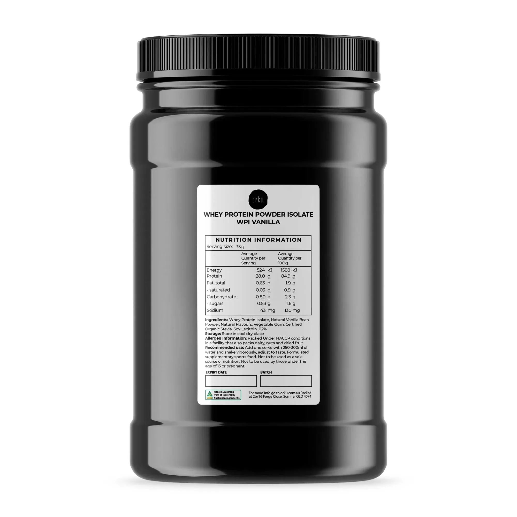 Orku 1Kg Whey Protein Isolate WPI Vanilla Powder Jar