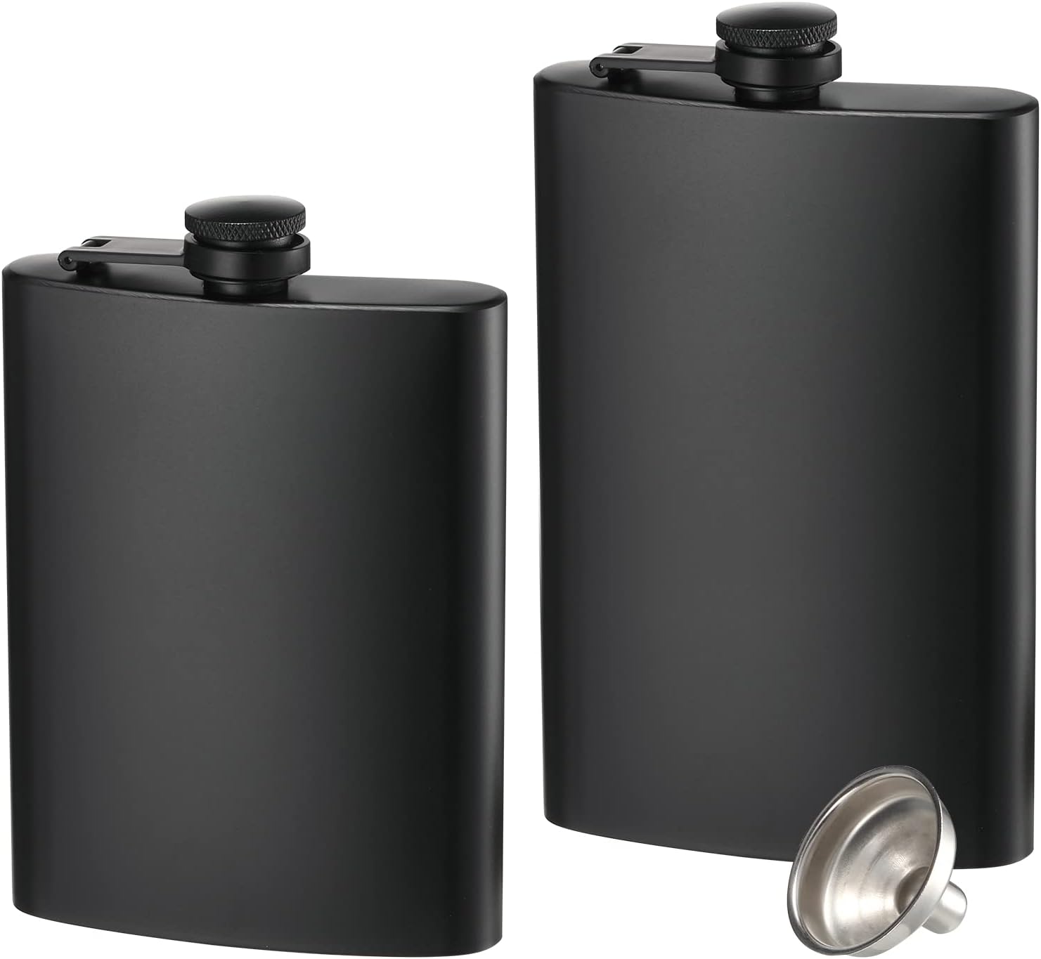 2-pack hip flasks, 8oz and 12oz stainless steel leak-proof slim hip flasks with funnel for men and women (matte black)