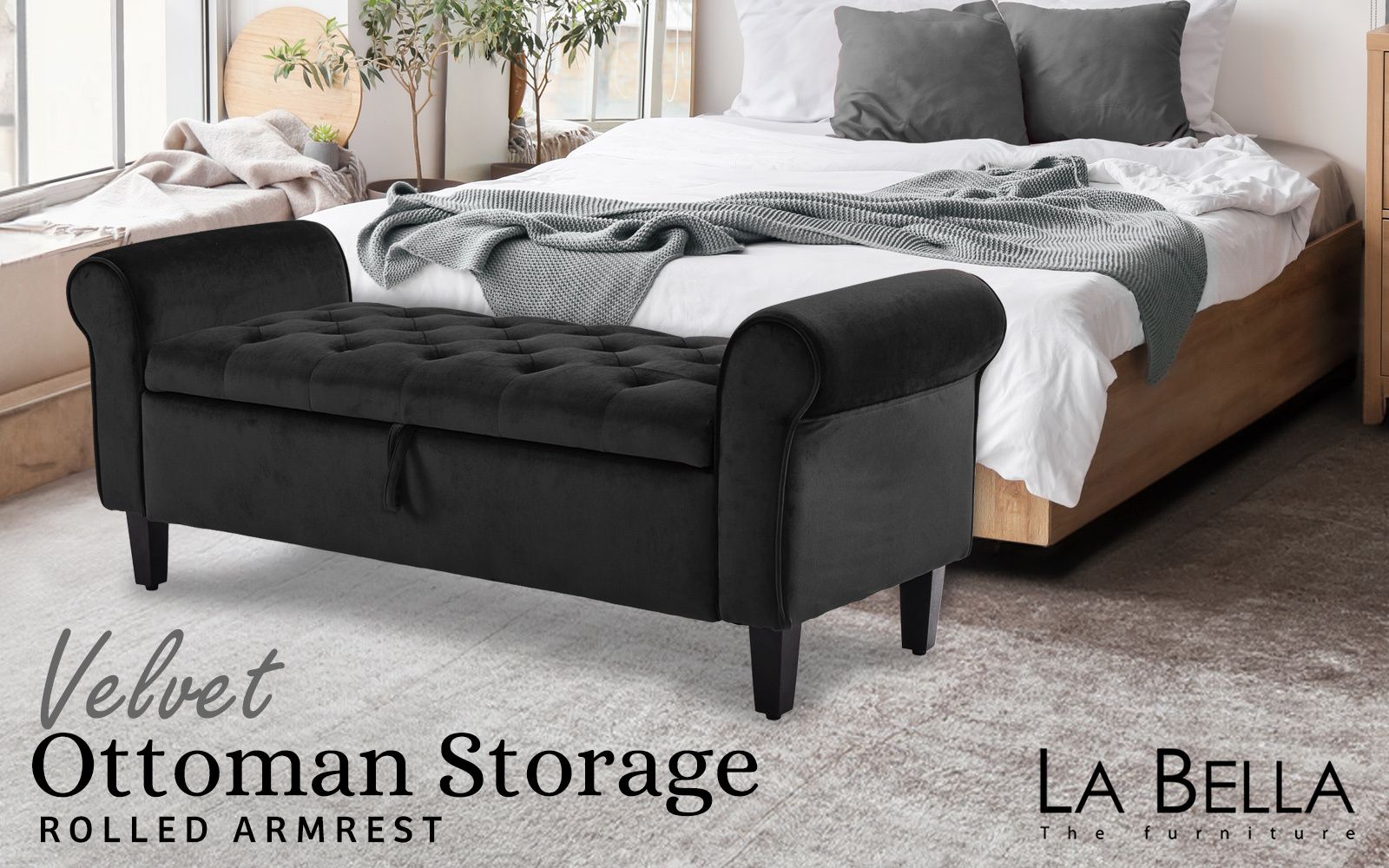 Storage Ottoman Stool Arm Bench Seat 132cm Velvet BLACK โ image 2
