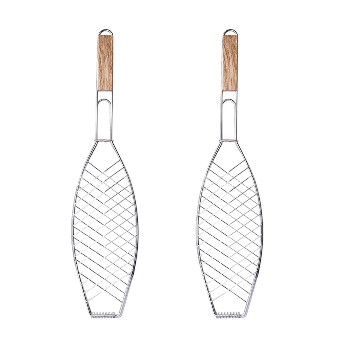 Barbecue Net Clamp Iron Wire Mesh with Wooden Handle for Camping Grill - 43x15cm