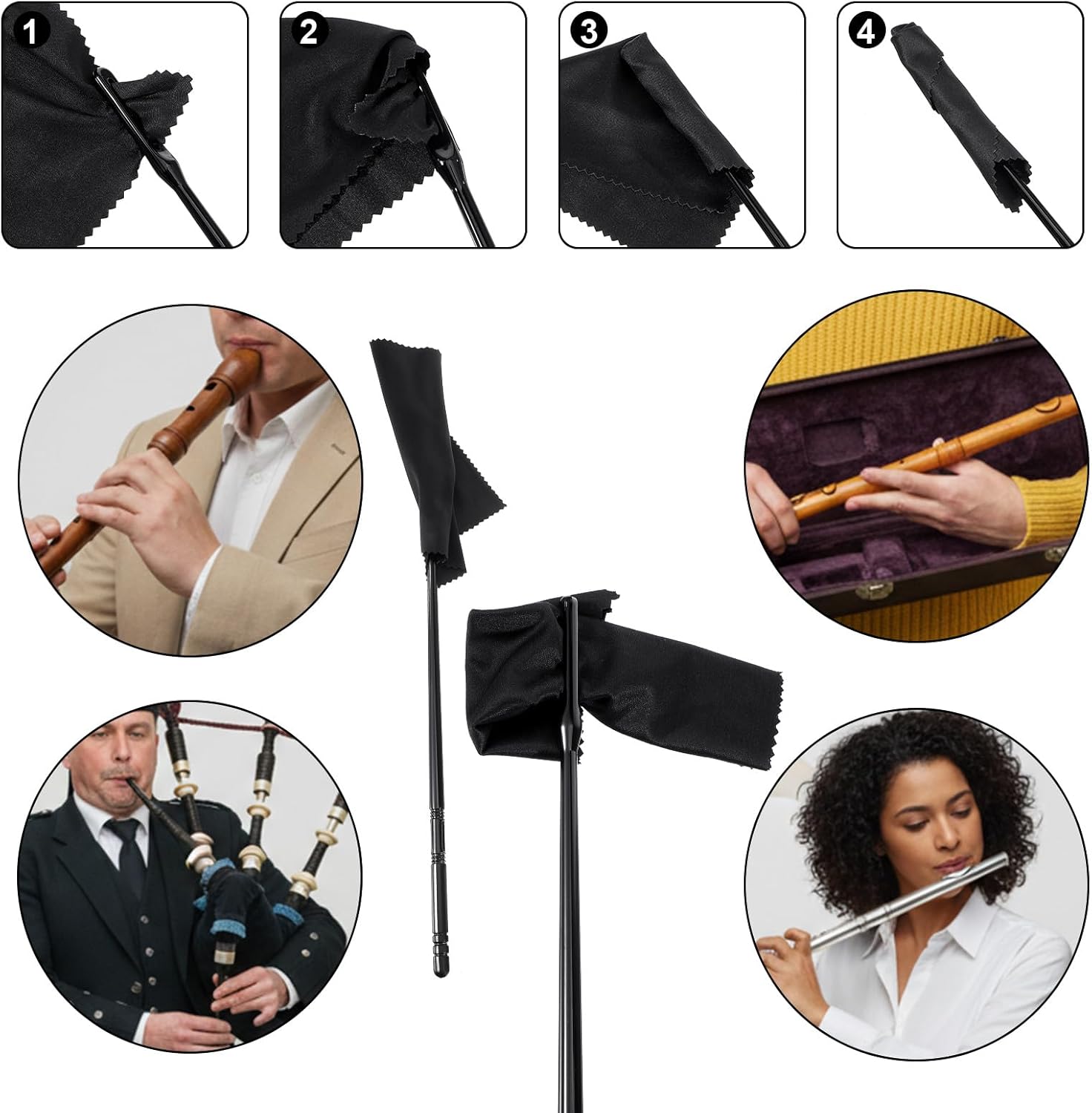 6Pcs Flute Cleaning Kit, 3Pcs Flute Cleaning Rod with 3Pcs Cleaner Polishing Cloth, Flutes Cleaner Swabs Stick Tools for Flutes Maintenance — image 4