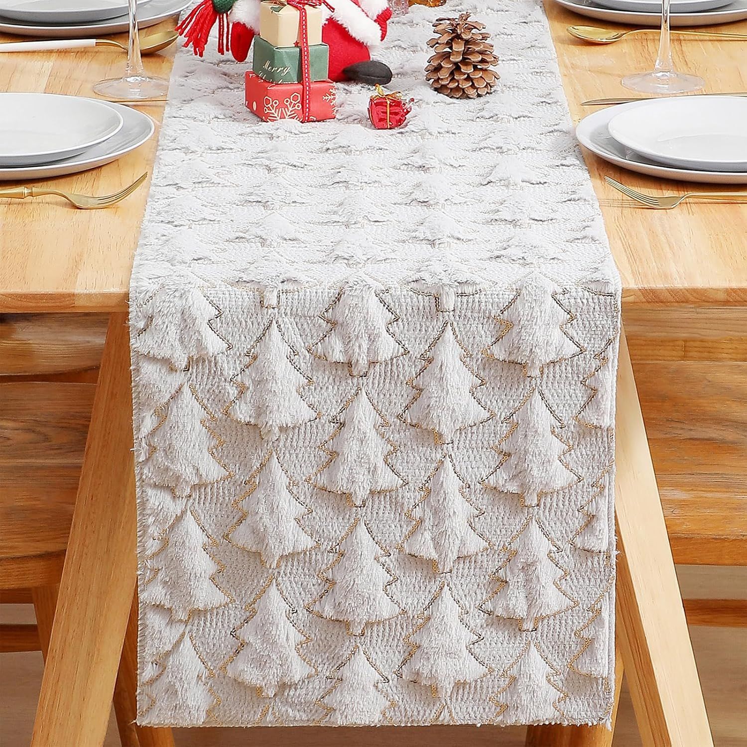Christmas Tree Soft Plush Faux Fur Christmas Table Runner Winter Holiday Kitchen Dining Table Decoration for Home Party Decor (White, 13X72 Inch) โ image 3