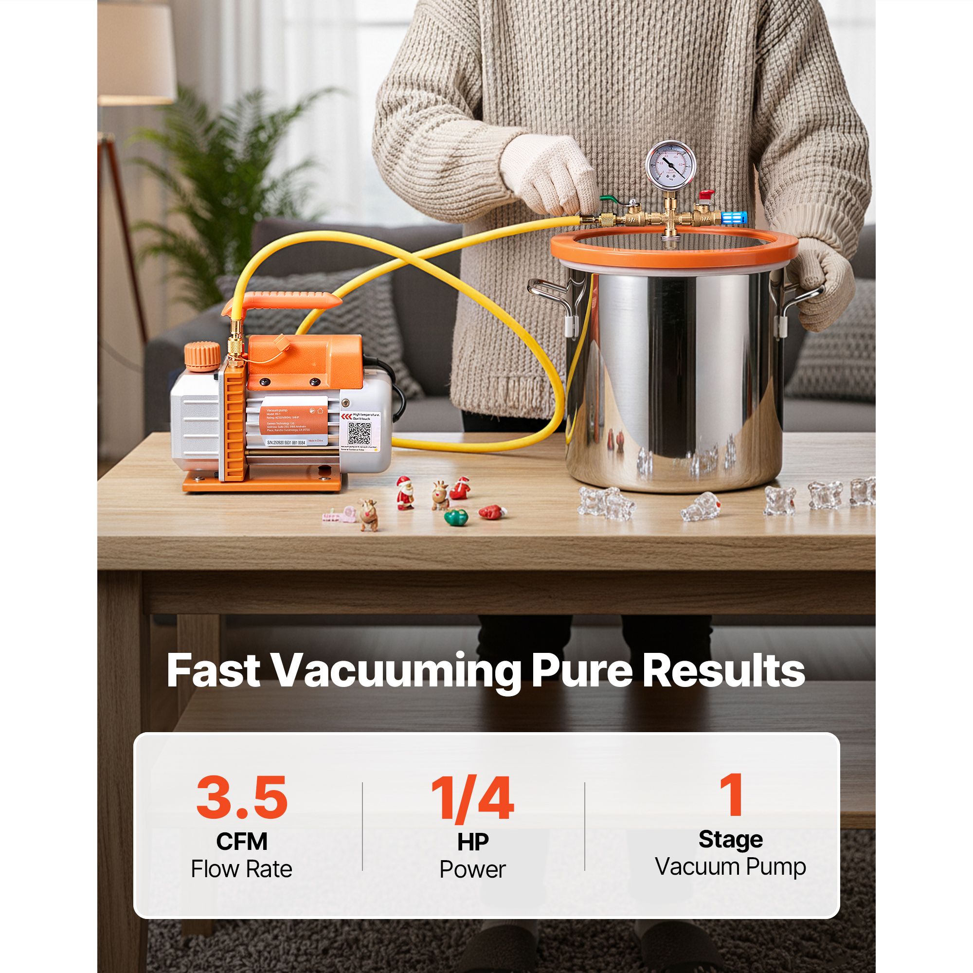 11.36 L Vacuum Chamber with Pump, 3.5 CFM 99 L/min, Single Stage Vacuum Pump, Stainless Steel Degassing Chamber Kit, Tempered Glass Lid, 1.5 m Hose — image 2