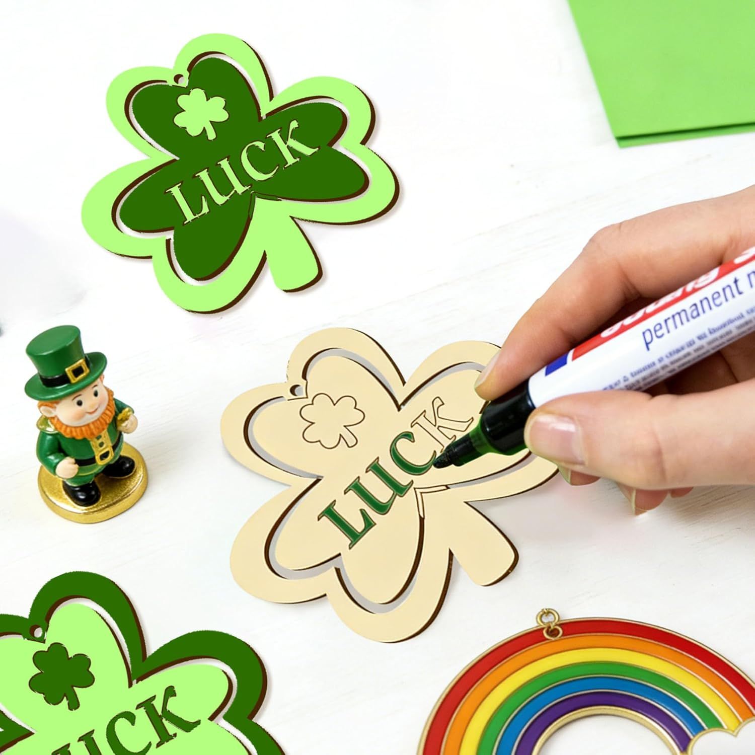 20Pcs Wooden Shamrock Ornaments to Paint, 3.2 Inch St. Patrick's Day Unfinished Wood Shamrock Cutouts, DIY Blank Luck Clover Shape Hanging Ornaments Ropes with — image 2