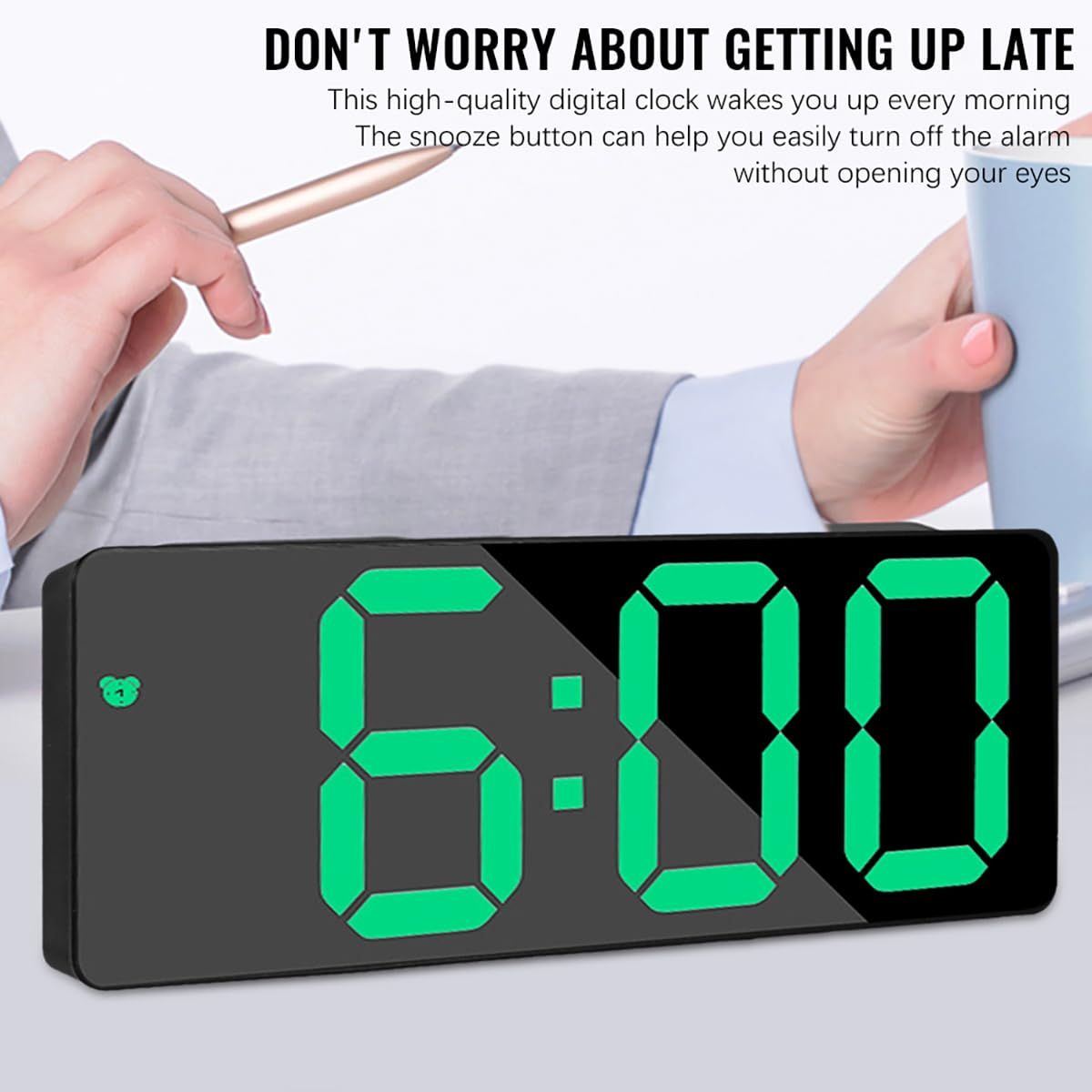 Digital Alarm Clock LED Travel Alarm Clocks with Button Brightness Adjustable(Rectangular black face green light) — image 4