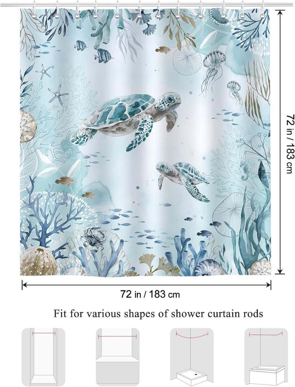 Waterproof Polyester Shower Curtain with Sea Turtle and Dolphin Design, Mildew Resistant, Light Blue, 180 × 180 cm — image 6