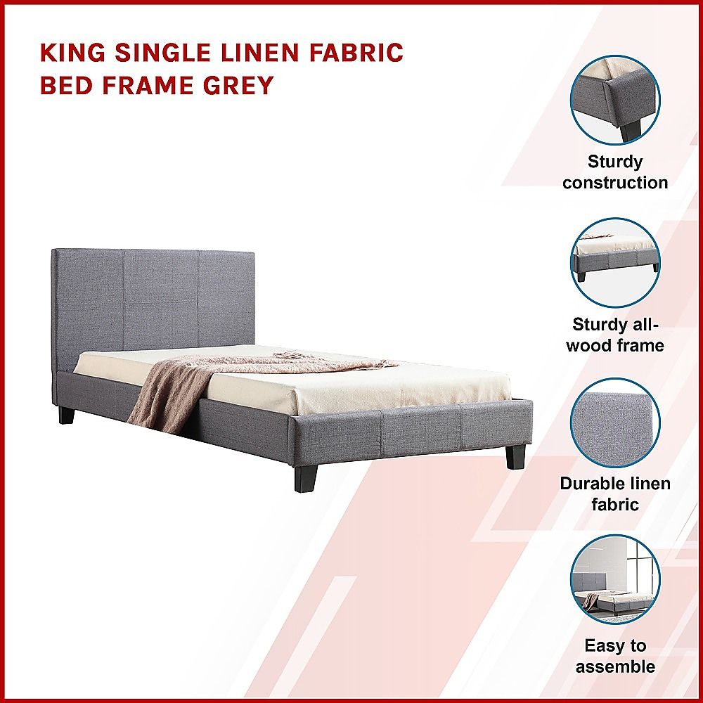 King Single Linen Fabric Bed Frame Grey — image 3