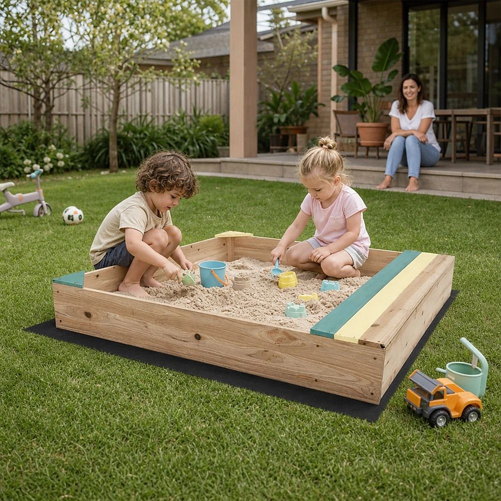 Wooden Kids Backyard Sandbox Outdoor Sandpit with Bench for Children โ image 4