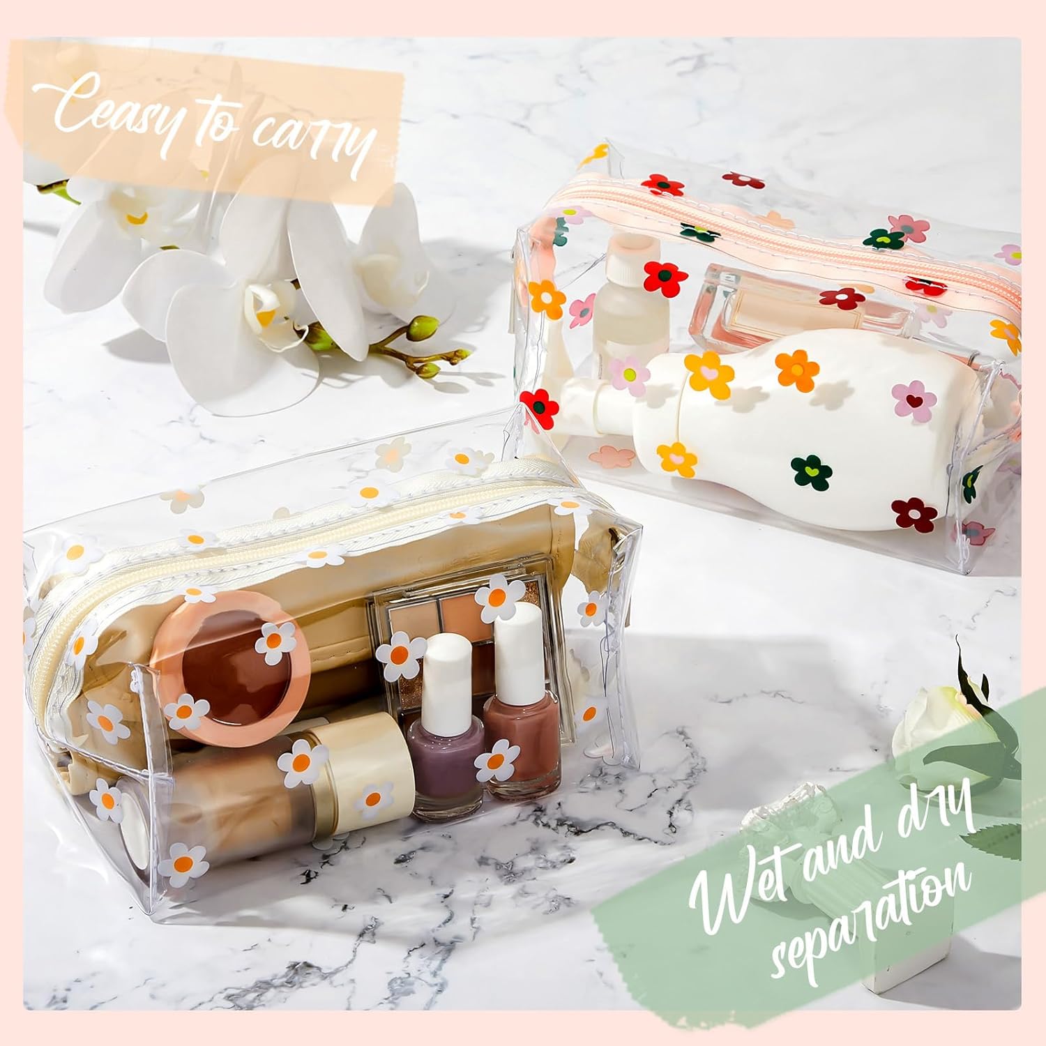 Amylove 2 Pack Cute Flower Makeup Bags Daisy Zipper Pouches Floral Pencil Pouch Portable Toiletry Pouches for Women Travel Vacation Bathroom School โ image 6