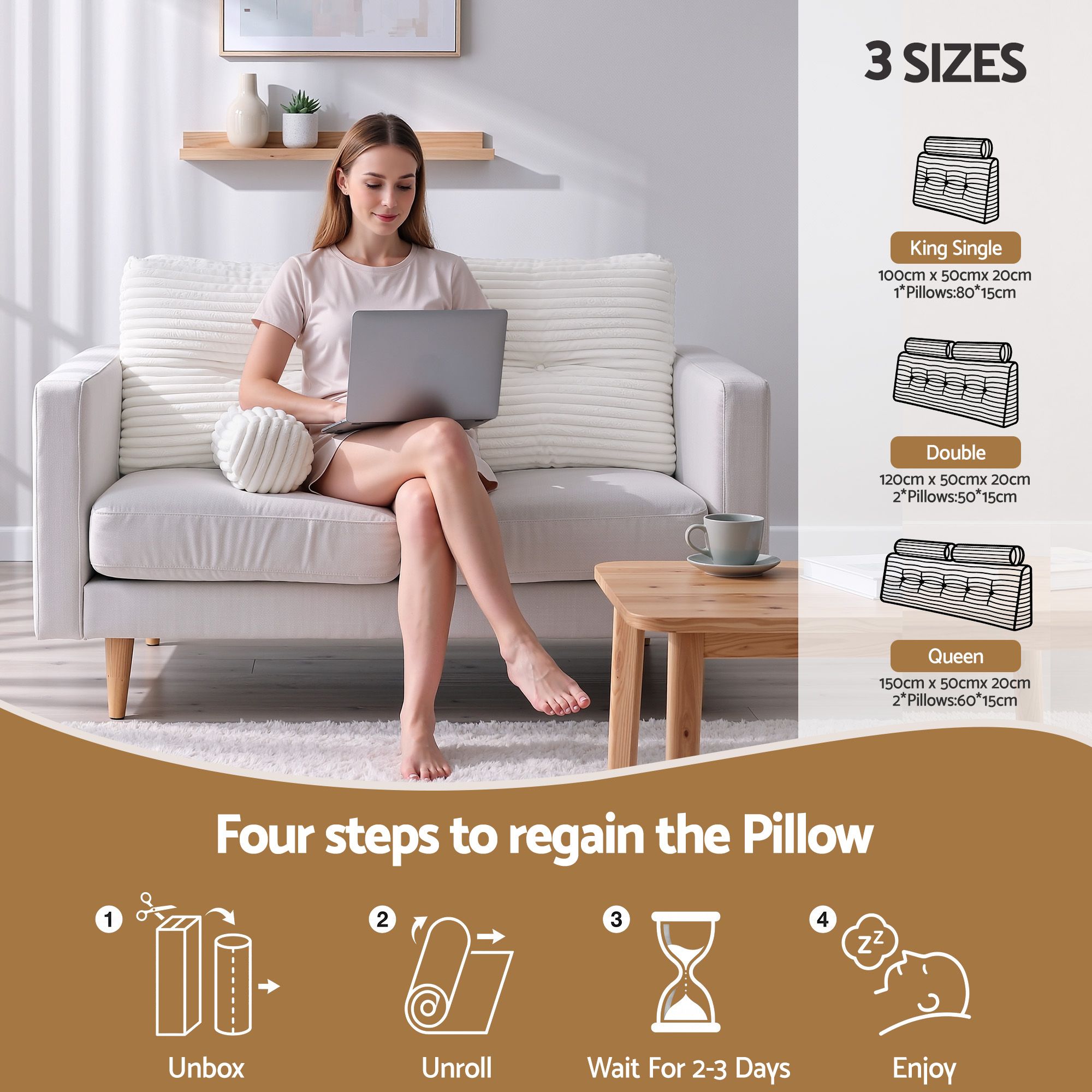 Giselle wedge pillow headboard with non-flattening shredded foam core, perfect for dorm reading or sofa lap desk, 330g corduroy cover, side pockets, King — image 5