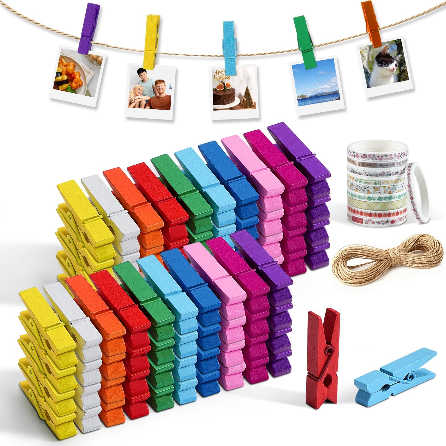 Mini Clothespins, 100 Pcs 1.4'' Strong Mini Clothespins for Photos with 10 Pcs Washi Tapes and 43 Ft Jute Twine, Colorful Wooden Small Clothes Pins for