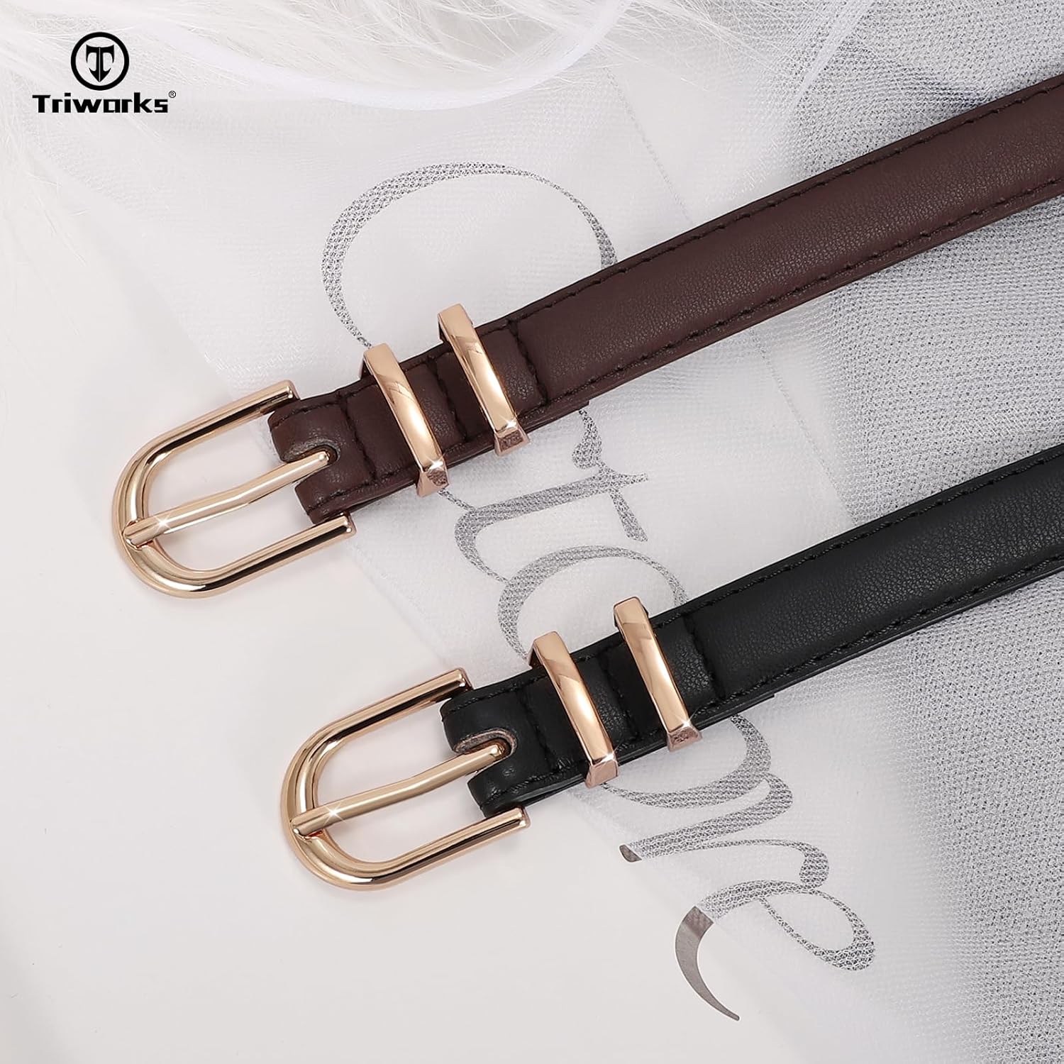 2 Pack Women Skinny Leather Belts for Jeans Pants Thin Faux Leather Belt with Gold Buckle โ image 2