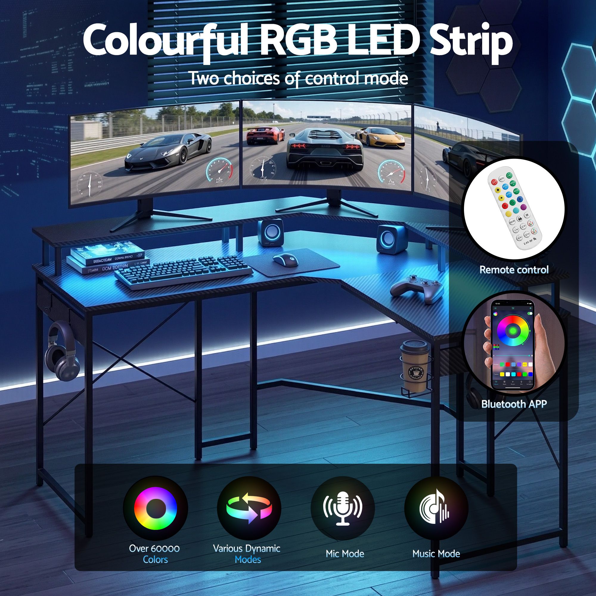 Artiss L-Shape Gaming Desk Computer Desks RGB LED Power Outlet 130cm Black โ image 5