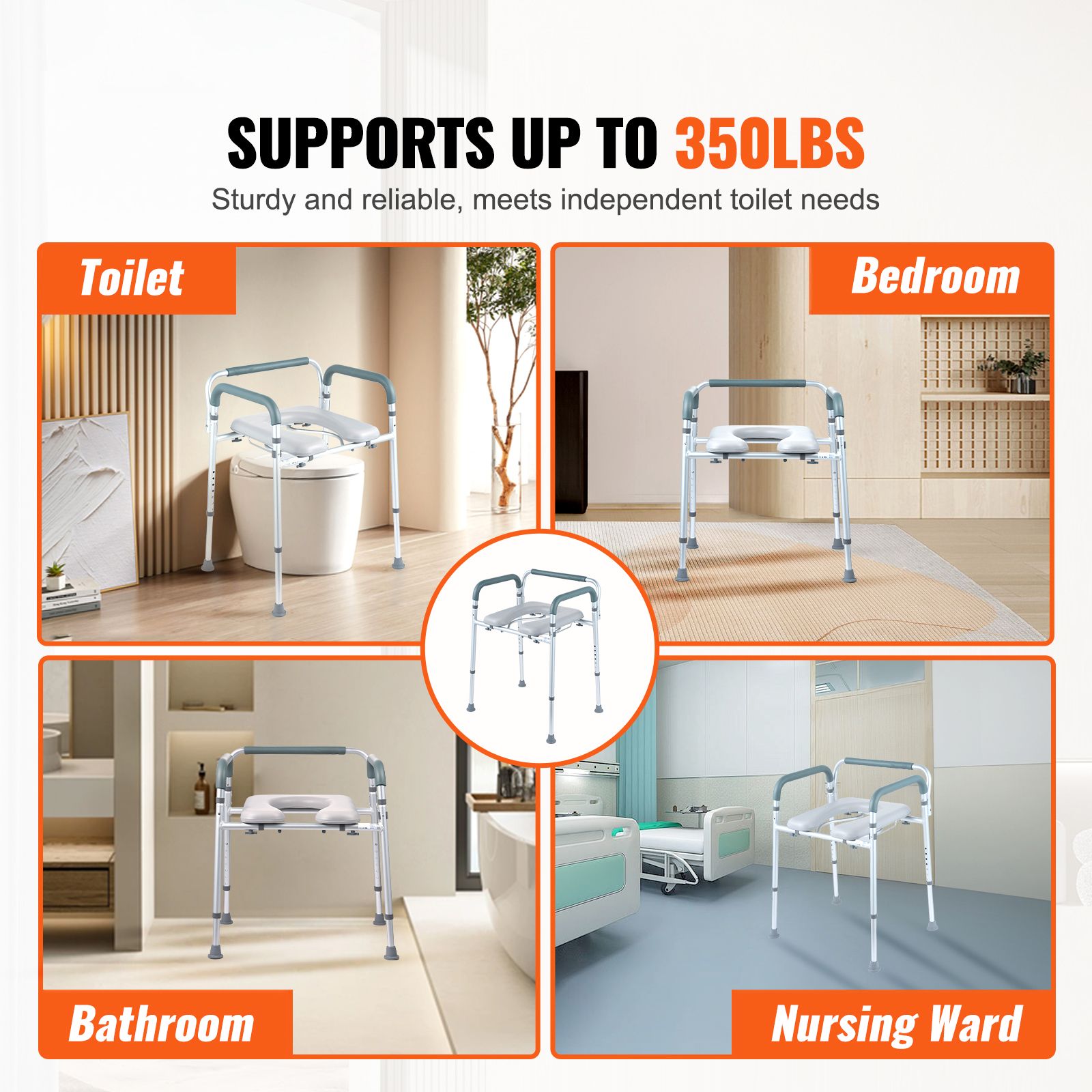 Commode Chair, Bedside Commode with Padded Seat and Arms, 7-Level Adjustable Height, 5.8L Removable Bucket, Easy to Assemble, 350 LBS Capacity, Raised Toilet — image 2