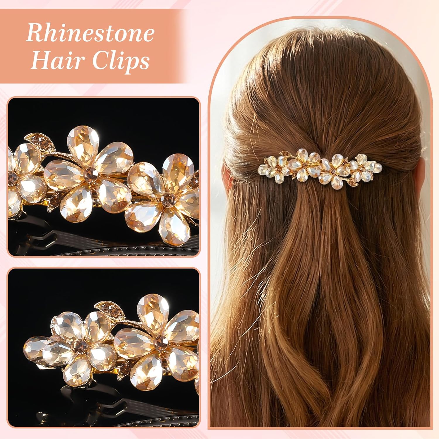 Champagne Rhinestone Hair Clips,Shimmeroo Fancy Hair Clips for Women,Flower Crystal Hairs Clip for Elegant Wedding & Party Barrettes — image 3