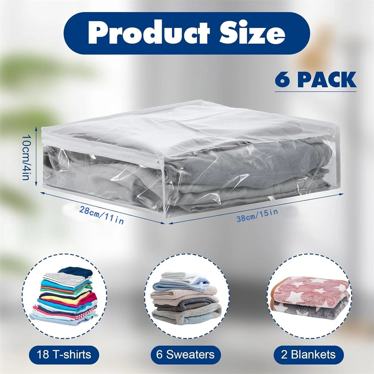 6 Pcs Clear Vinyl Zippered Sweater Storage Bags,Plastic Clothing Storage Bags with Zipper,Plastic Clothing Storage Bags,Space Saver Comforter Clear Storage — image 2